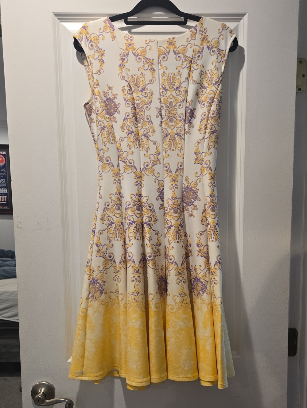 Gabby Skye White Dress with Yellow and Purple Scroll Print